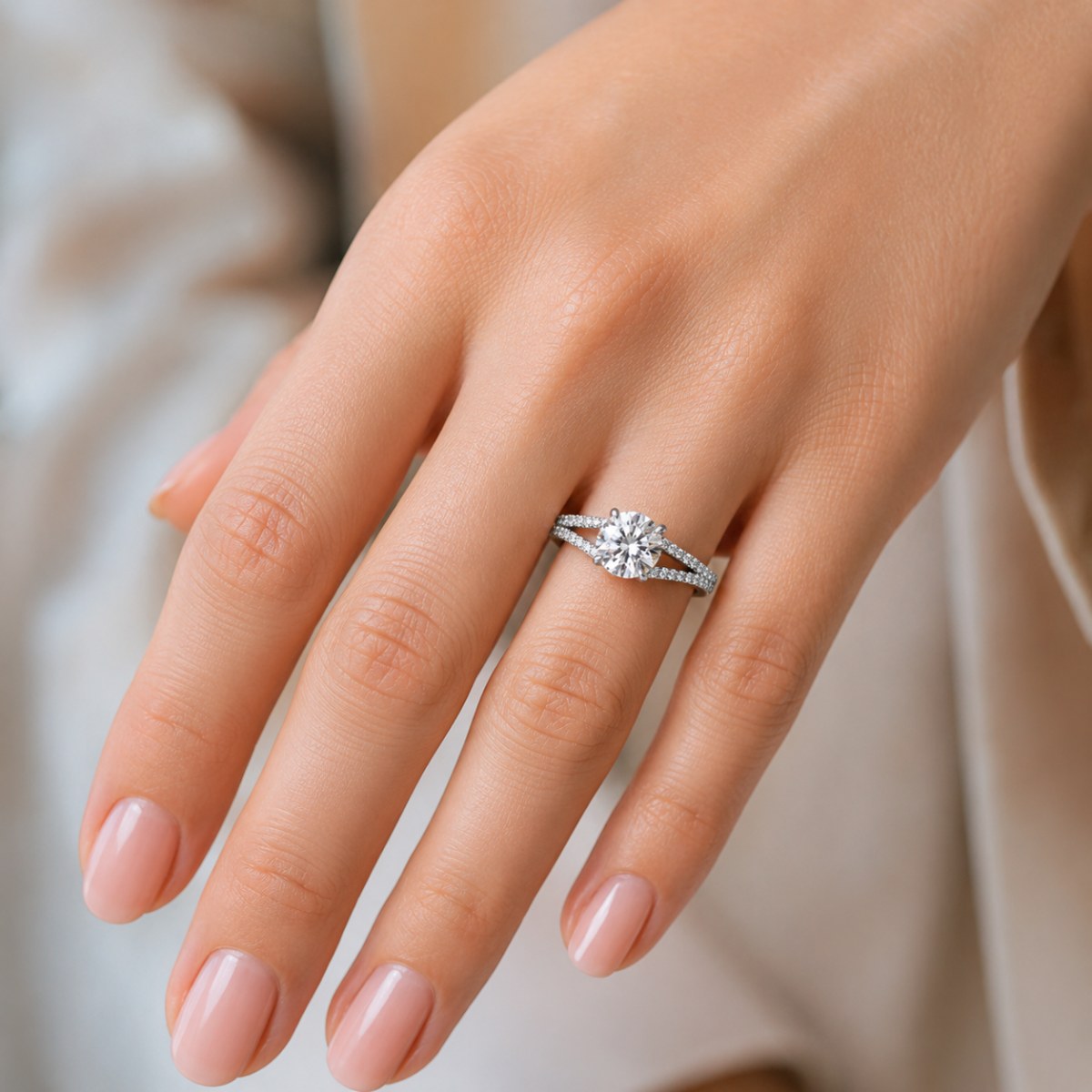 Bague halo en diamant de synthèse avec pierre centrale ronde et anneau pavé de diamants, portée à la main – Laveran Paris